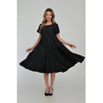 Rochie midi ampla, cu volane, A-line, cu talia joasa, din tafta de vascoza, neagra