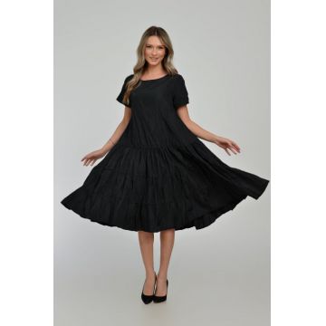 Rochie midi ampla, cu volane, A-line, cu talia joasa, din tafta de vascoza, neagra