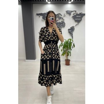 Rochie midi din bumbac, cu elastic in talie si imprimeu bej pe fond negru