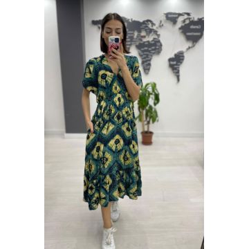 Rochie midi din bumbac, cu elastic in talie si imprimeu galben pe fond turcoaz