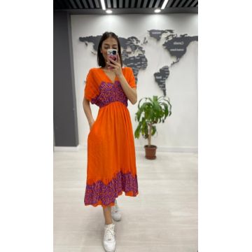 Rochie midi din bumbac, cu elastic in talie si imprimeu lila pe fond portocaliu