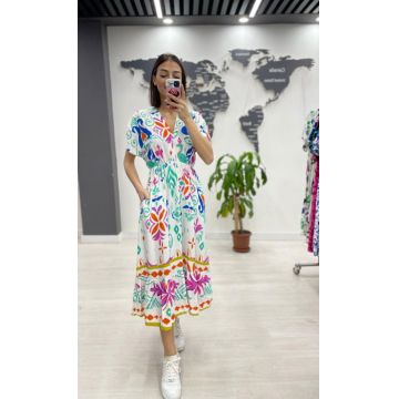 Rochie midi din bumbac, cu elastic in talie si imprimeu multicolor pe fond alb