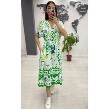 Rochie midi din bumbac, cu elastic in talie si imprimeu verde pe fond alb
