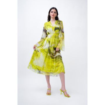 Rochie midi din voal printat galben cu maneci evazate