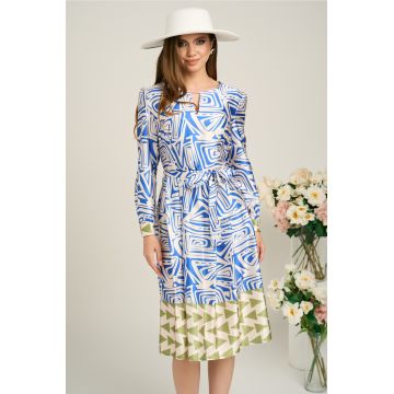 Rochie midi office bej de zi cu imprimeu albastru