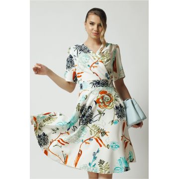 Rochie Moze de zi din stofa alba cu imprimeuri florale turcoaz