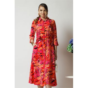 Rochie office din viscoza fucsia cu imprimeu portocaliu si cordon in talie