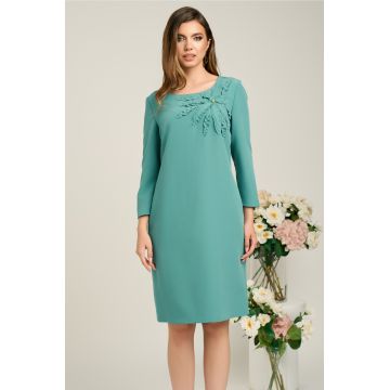 Rochie Viada din stofa verde menta cu floare pe bust