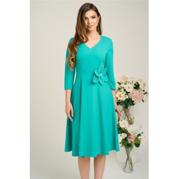 Rochie Viada din triplu voal verde cu floare maxi in talie