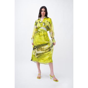 Yellow Printed Midi Dress With Corset