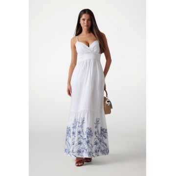 Rochie maxi cu model floral si decolteu sweetheart