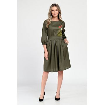 Rochie Medie Dama V310 - Pictata manual - Kaki cu model floral