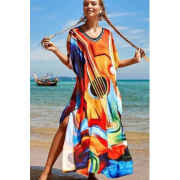 Rochie boema de plaja lunga oversize, tip poncho din bumbac si vascoza, cu imprimeu artistic-Chitara