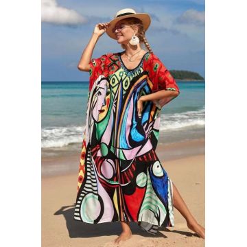 Rochie boema de plaja lunga oversize, tip poncho din bumbac si vascoza, cu imprimeu artistic-Picasso