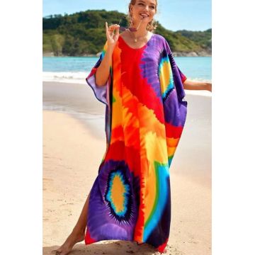 Rochie boema de plaja lunga oversize, tip poncho din bumbac si vascoza, cu imprimeu pictural
