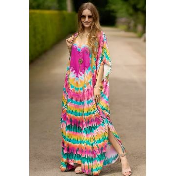 Rochie boema de plaja lunga oversize, tip poncho din bumbac si vascoza, cu imprimeu Tie-Dye