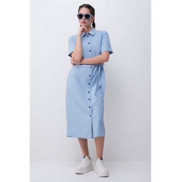 Rochie-camasa midi din amestec de in cu cordon in talie