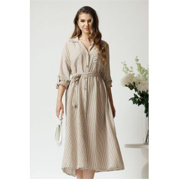 Rochie casual din panza ivory cu dungi maro si nasturi