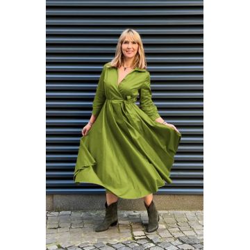 Rochie clos, petrecuta, din poplin de bumbac, verde oliv
