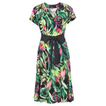 Rochie cu imprimeu tropical si talie marcata - Multicolor