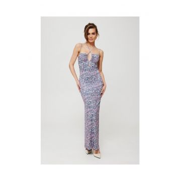 Rochie dama - maxi imprimata cu cravata la decolteu -Poliester - Negru