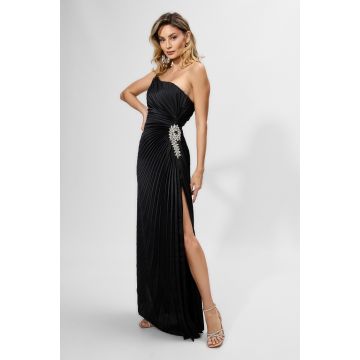 Rochie de ocazie premium asimetrica cu strass-uri in talie Trinity Neagra