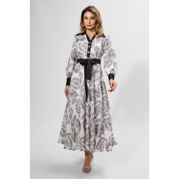 Rochie de ocazie premium cu imprimeu si guler tip camasa Berlina Ecru