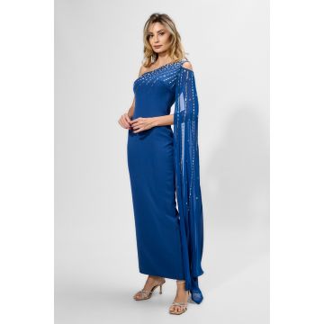 Rochie de ocazie premium cu strass-uri si maneca lunga tip esarfa Novalyn Bleumarin