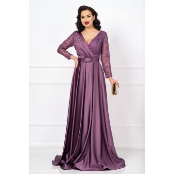Rochie de soacra Marilyn mov lunga cu fronseuri si maneci pretioase brodate