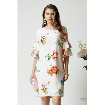 Rochie de zi din viscoza alba cu imprimeuri florale colorate