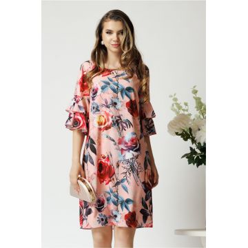 Rochie de zi din viscoza roz cu trandafiri