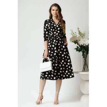 Rochie din stofa neagra midi de zi cu imprimeuri bej si decolteu