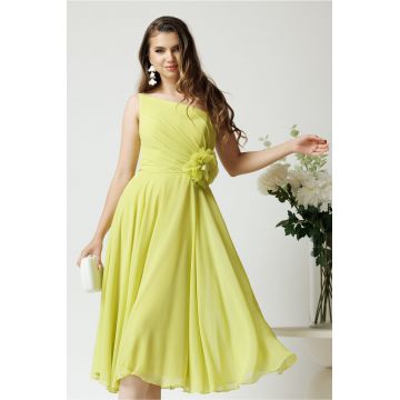 Rochie eleganta midi din voal verde lime cu floare in talie