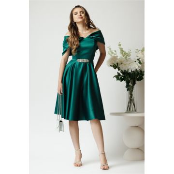 Rochie Ella Collection Jolie eleganta din tafta verde cu accesoriu metalic in talie