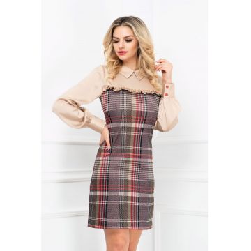 Rochie InPuff de zi cofee cu carouri si maneci lungi din voal