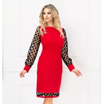 Rochie InPuff de zi rosie cu maneci din tul negru si buline din catifea