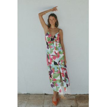 Rochie lunga cu slit frontal si decolteu in V