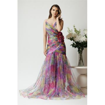 Rochie lunga de ocazie din tull mov cu imprimeuri galbene si floare maxi pe talie