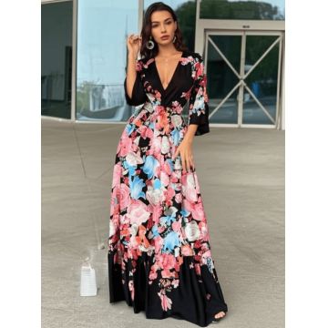 Rochie lunga din material satinat cu imprimeu floral ,   Marime universala