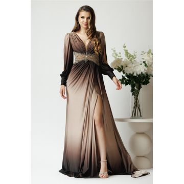 Rochie lunga eleganta din lycra maro in degradee cu strasuri in talie