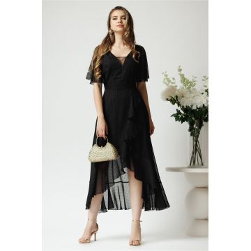 Rochie lunga eleganta din voal neagra cu insertii din fir lurex