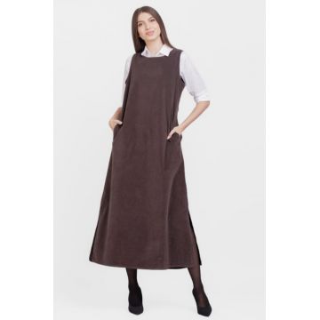 Rochie lunga sarafan, A-line, din catifea, cu jacheta cadou, maro