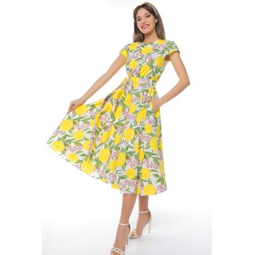 Rochie midi cu croiala evazata si maneci scurte