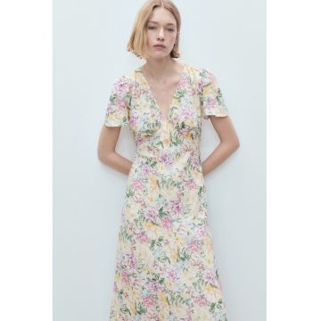 Rochie midi din amestec de in cu croiala in A si decolteu in V