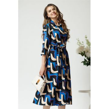 Rochie office din viscoza cu imprimeu geometric albastru si cordon in talie