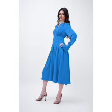 Baby Blue Midi Dress With Pleats And Asymmetrical Cut Neck