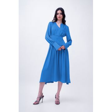 Baby Blue Midi Dress With Pleats And Asymmetrical Cut Neck