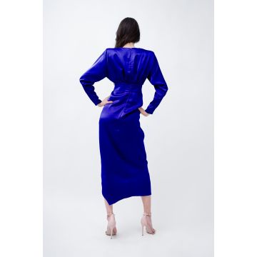Blue Satin Midi Dress With Draping