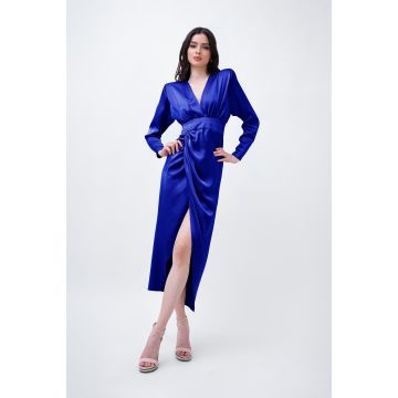 Blue Satin Midi Dress With Draping