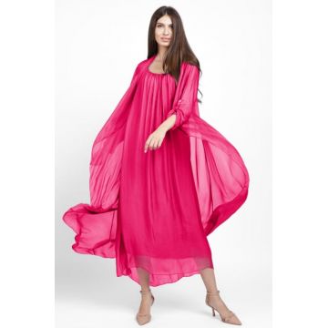 Compleu cu rochie si blazer din matase naturala, fucsia